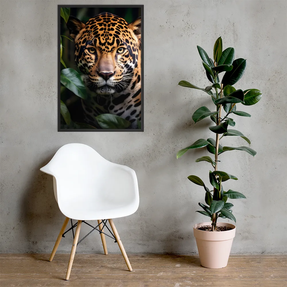 The Intensity of Nature: A Jaguar’s Gaze | Poster with Black Frame | 24″×36″