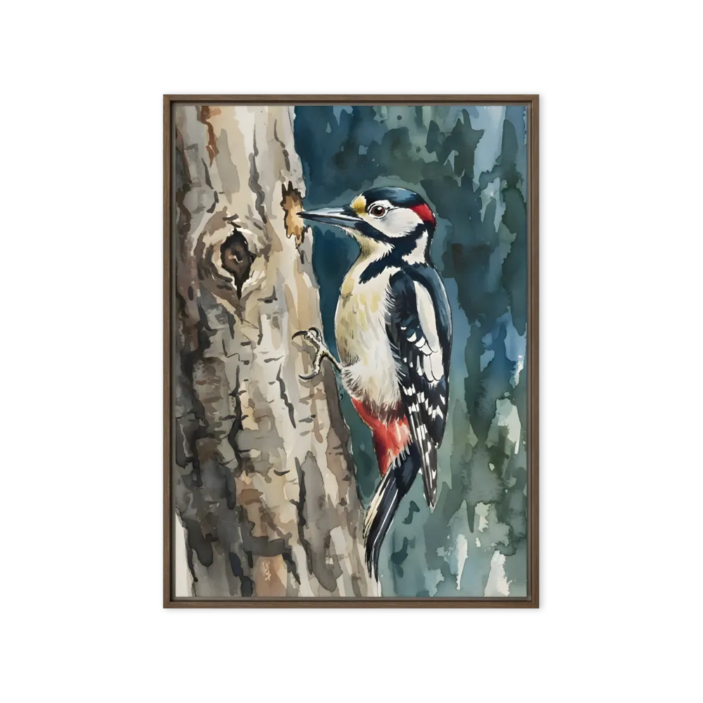 Woodpecker on Tree Bark 
 Canvas with Brown Frame