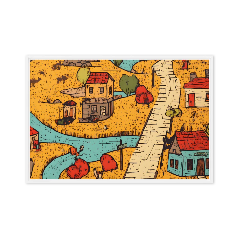 Whimsical Village Landscape | Canvas with White Frame | 24″×36″
