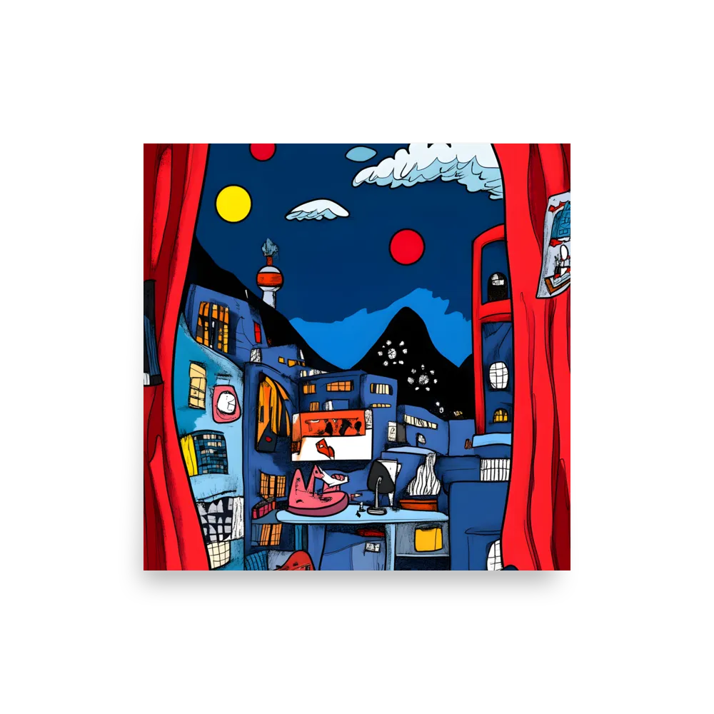 Whimsical Cityscape at Night | Poster | 10″×10″