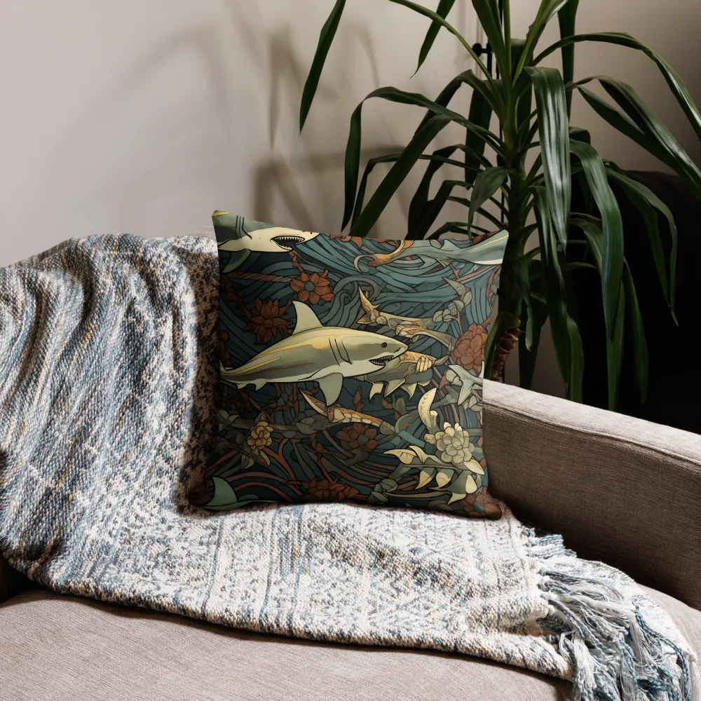 Dynamic Harmony of Sharks and Flora | Pillow | 18″×18″