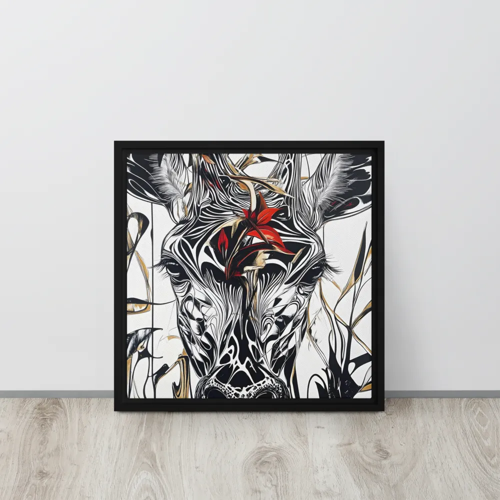 Floral Elegance: The Giraffe's Portrait | Canvas with Black Frame | 16″×16″