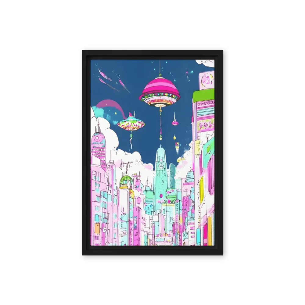 Futuristic Cityscape with Floating Structures | Canvas with Black Frame | 12″×18″