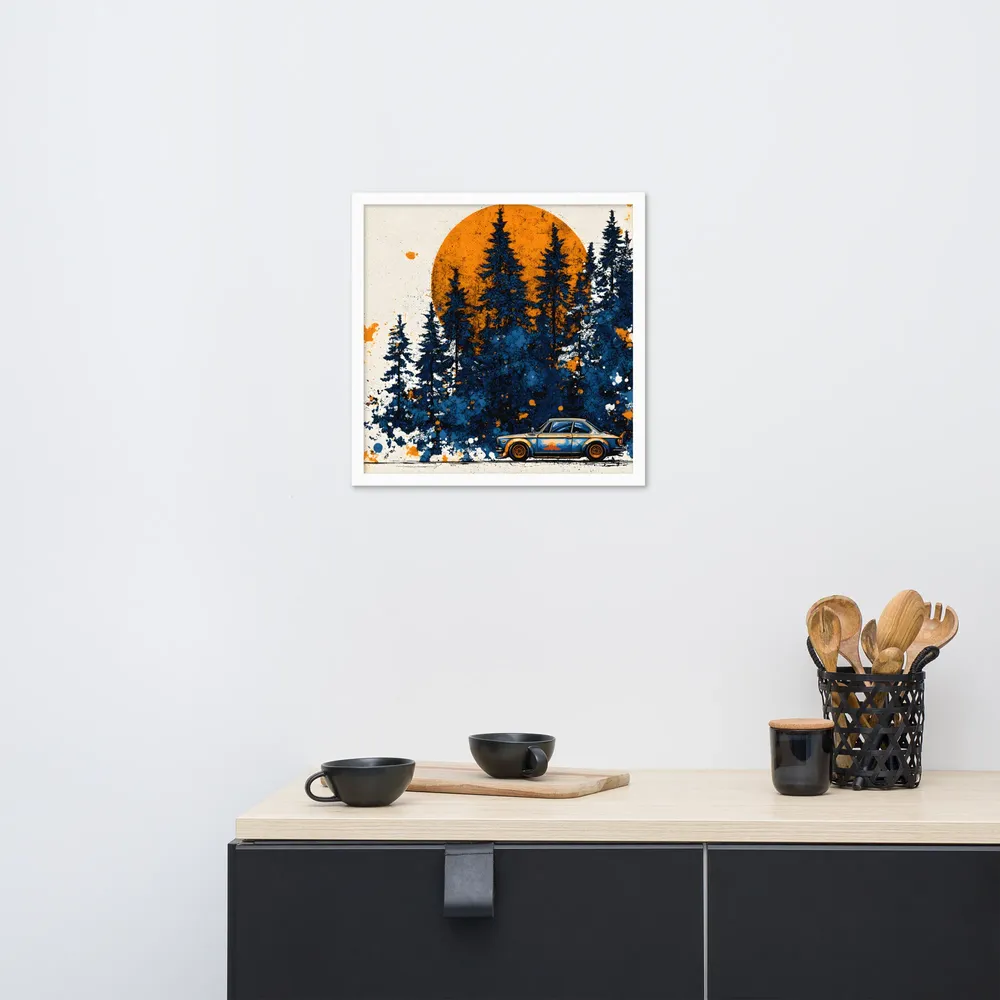 Sunset Forest Drive 
 Poster with White Frame | 18″x 18″