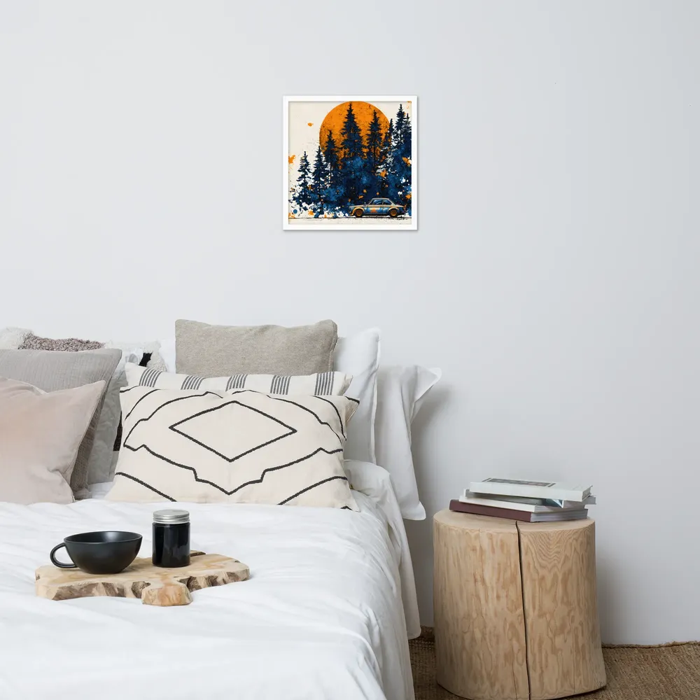 Sunset Forest Drive 
 Poster with White Frame | 18″x 18″