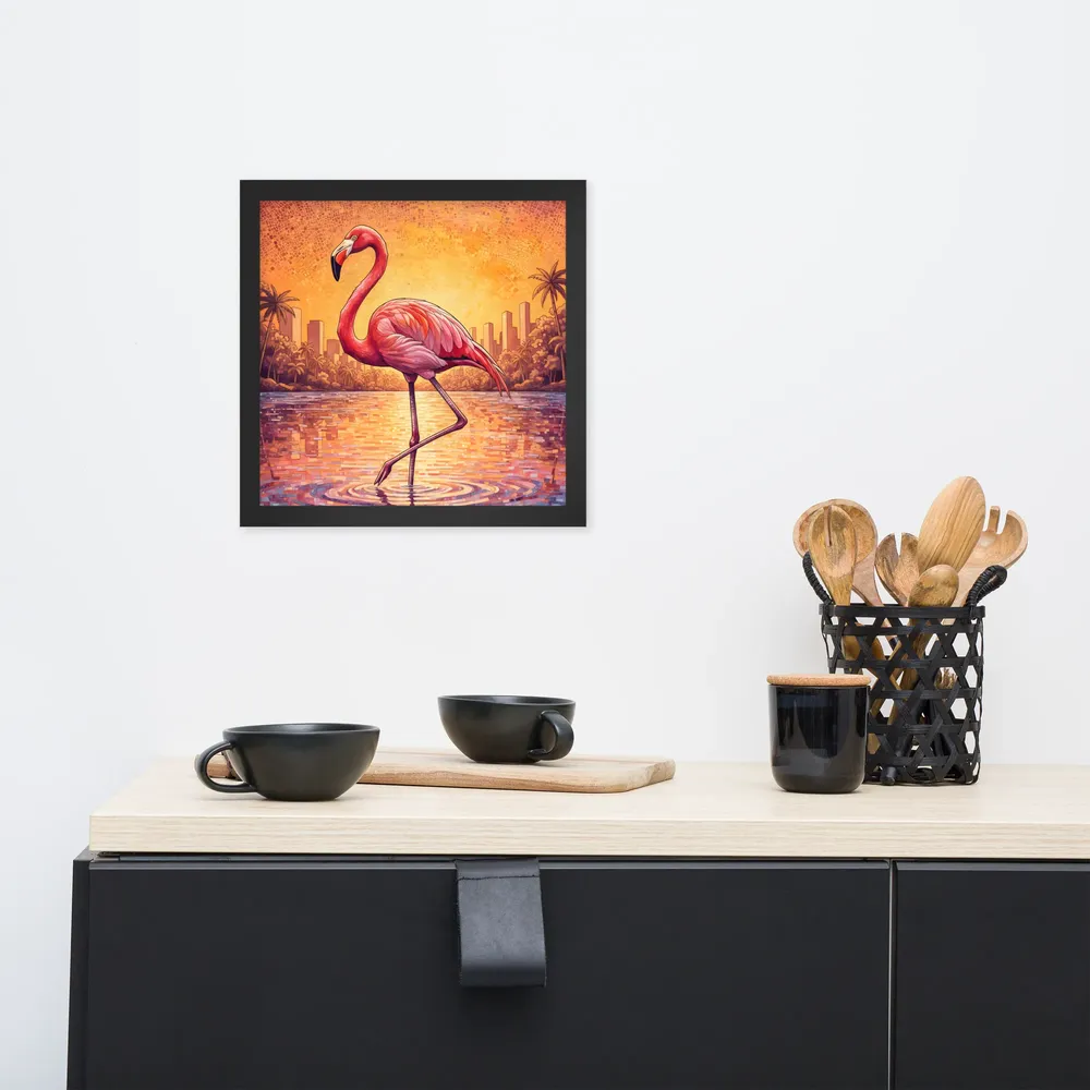 Sunset Mosaic Flamingo 
 Poster with Black Frame | 12″x 12″