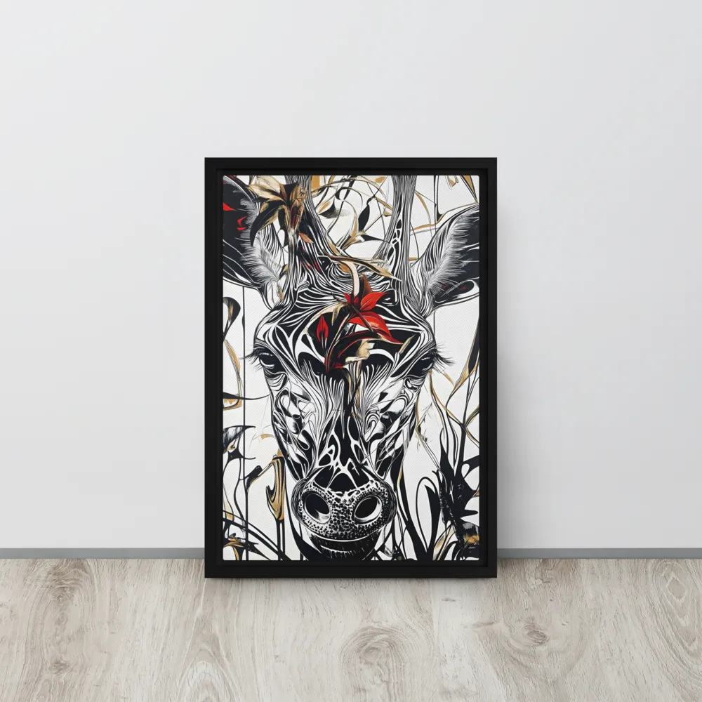 Floral Elegance: The Giraffe's Portrait | Canvas with Black Frame | 12″×18″