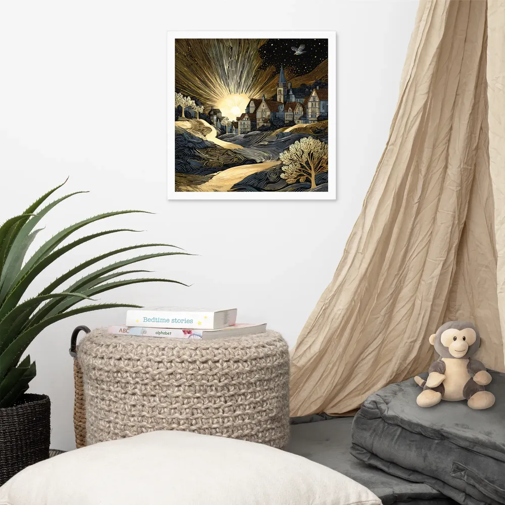 Golden Dawn Village 
 Poster with White Frame | 16″x 16″