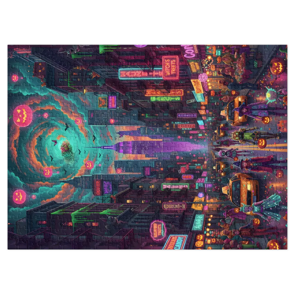 Enchanted Halloween City Celebration 
 Jigsaw Puzzle in Tin Box