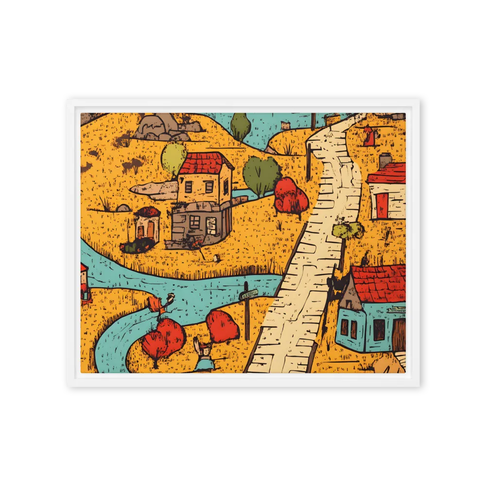 Whimsical Village Landscape | Canvas with White Frame | 16″×20″