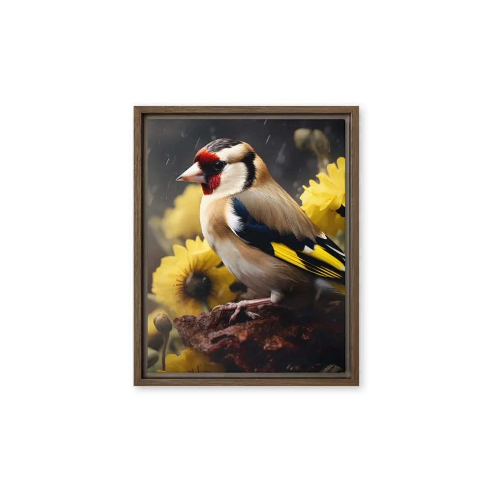 Harmony in Nature: A Goldfinch Amidst Blooms | Canvas with Brown Frame | 11″×14″