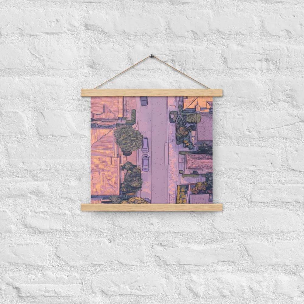 Aerial Serenity: Suburban Oasis | Poster With Oak Wood Hanger | 14″×14″