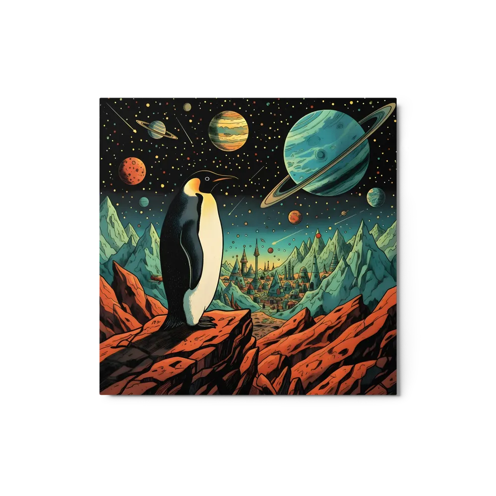 Penguin on an Alien Shore 
 Metal Print | 12″x 12″