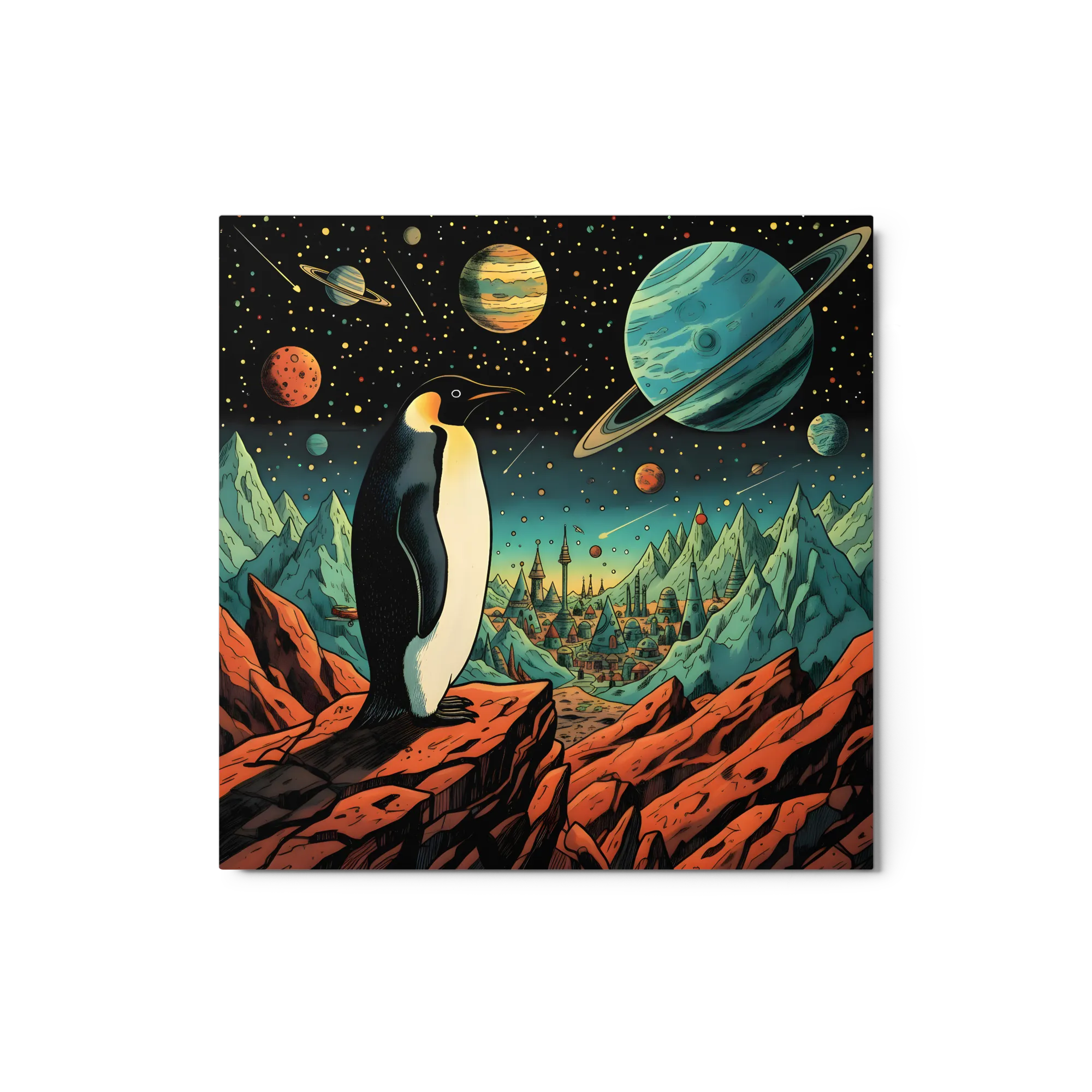 Penguin on an Alien Shore 
 Metal Print | 12″x 12″