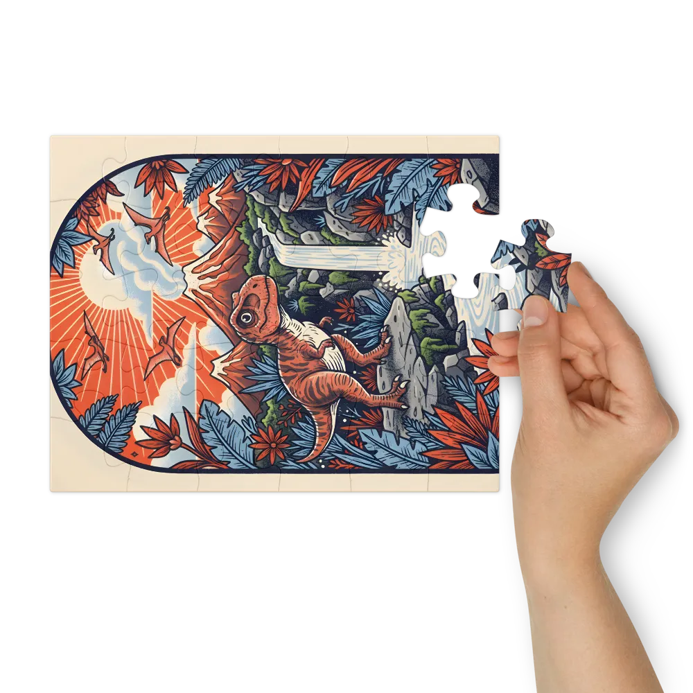 Young T. Rex at the Waterfall 
 Jigsaw Puzzle in Tin Box