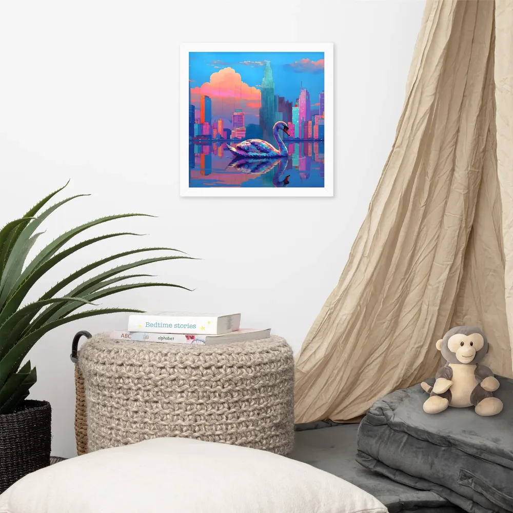 Neon Swan Skyline 
 Poster with White Frame | 14″x 14″