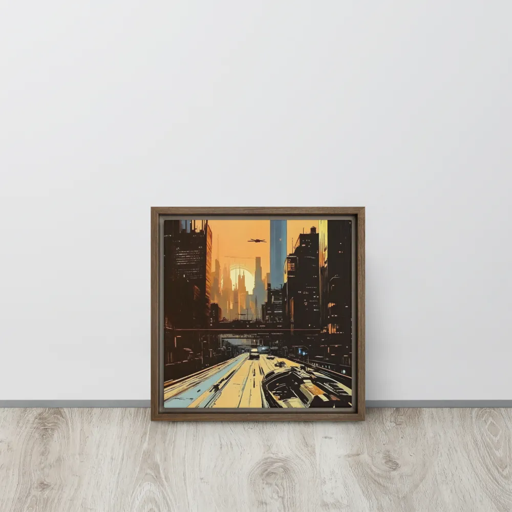 Metro Nexus: A Futuristic Cityscape | Canvas with Brown Frame | 12″×12″
