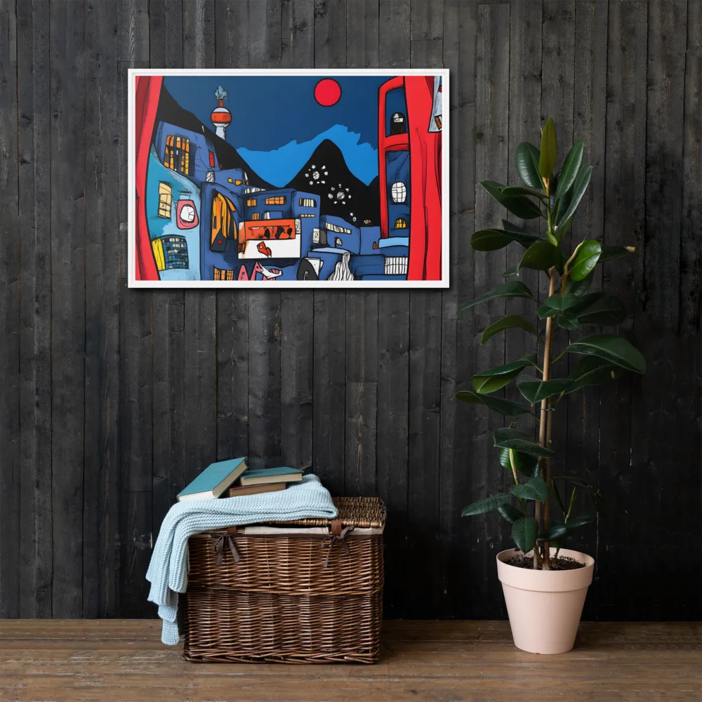 Whimsical Cityscape at Night | Canvas with White Frame | 24″×36″