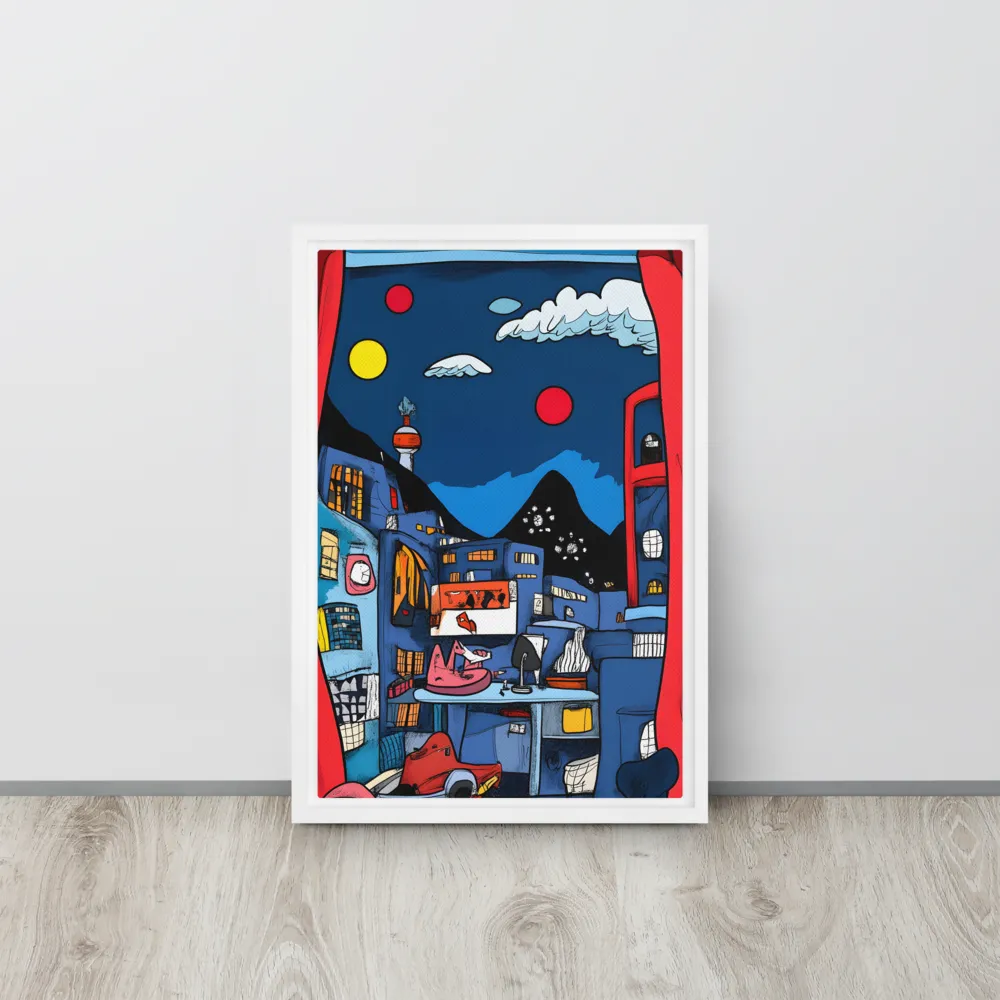 Whimsical Cityscape at Night | Canvas with White Frame | 12″×18″