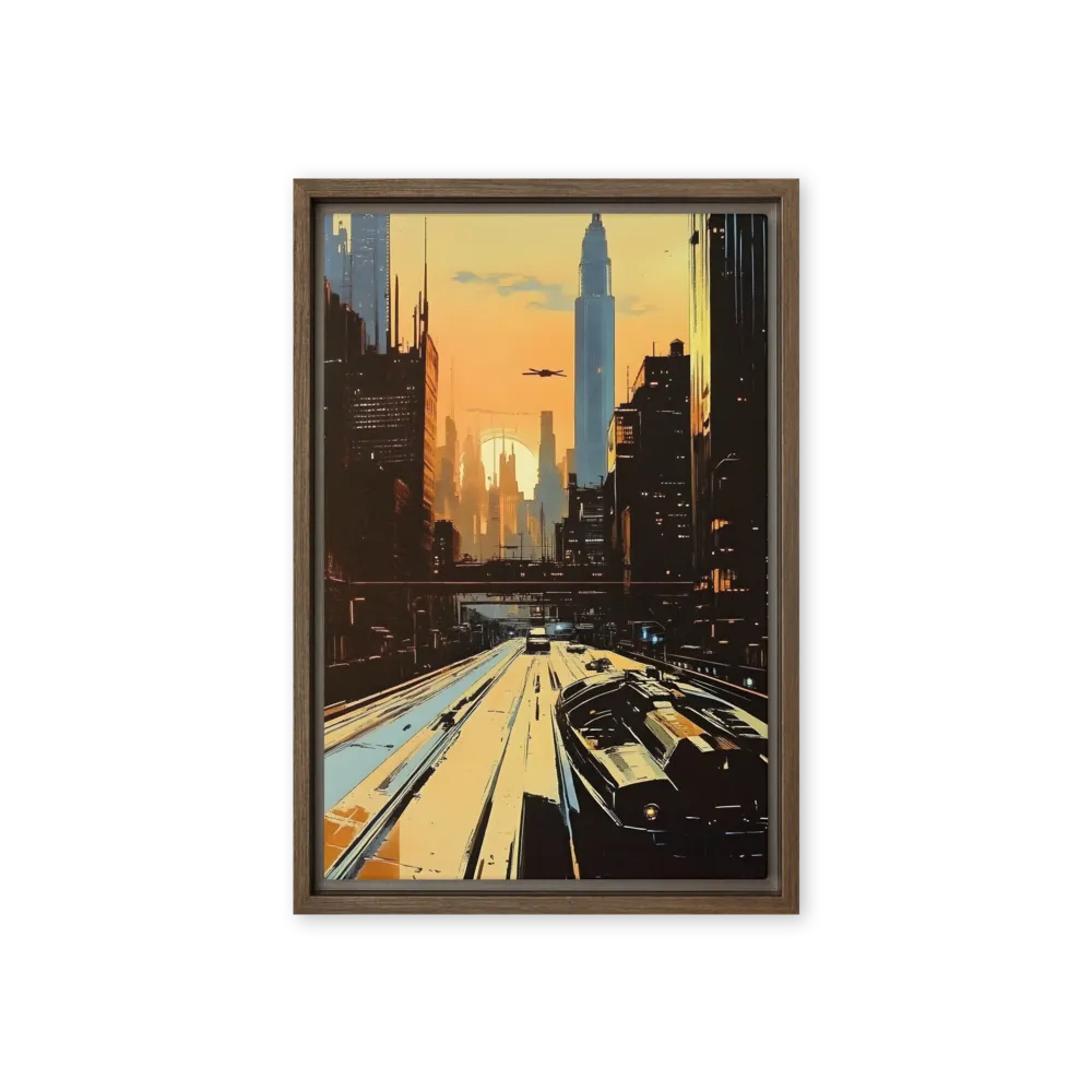 Metro Nexus: A Futuristic Cityscape | Canvas with Brown Frame | 12″×18″