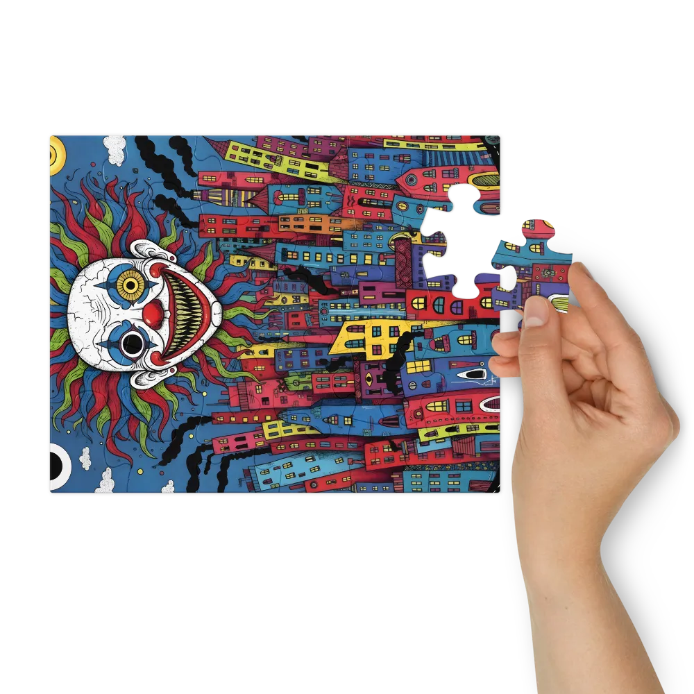 Sunclown Over City 
 Jigsaw Puzzle in Tin Box