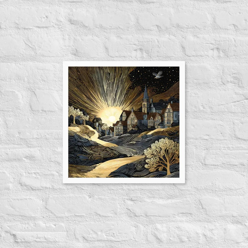Golden Dawn Village 
 Poster with White Frame | 16″x 16″