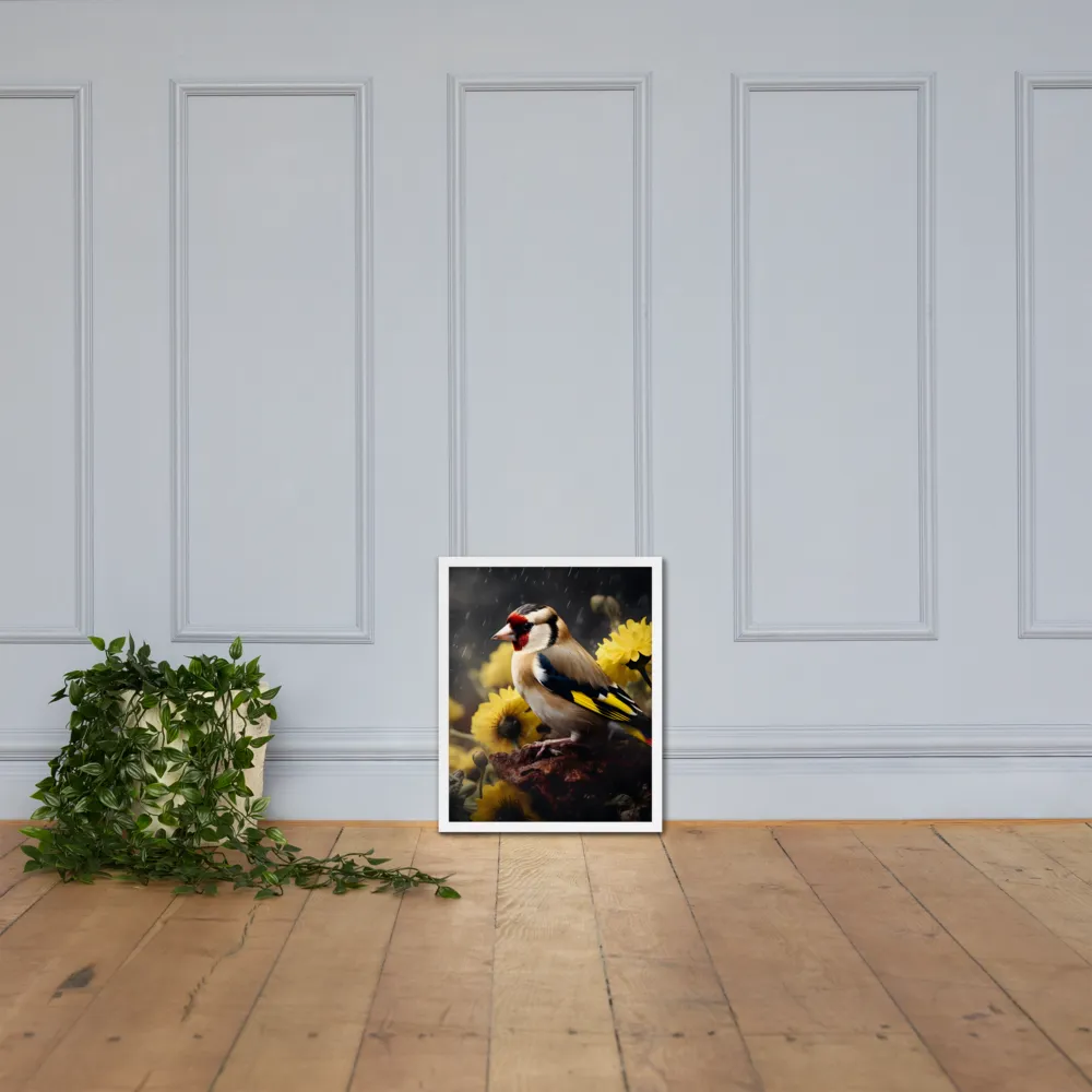 Harmony in Nature: A Goldfinch Amidst Blooms | Poster with White Frame | 16″×20″