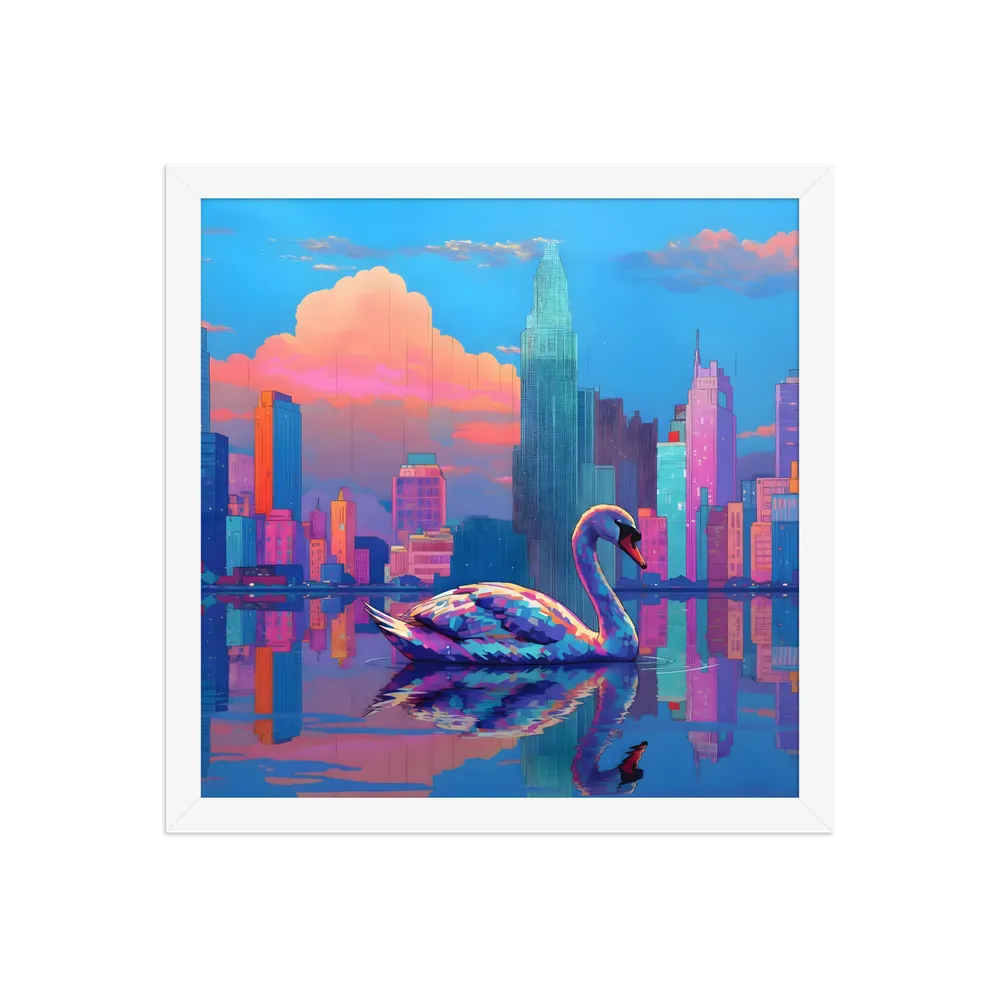 Neon Swan Skyline 
 Poster with White Frame | 14″x 14″