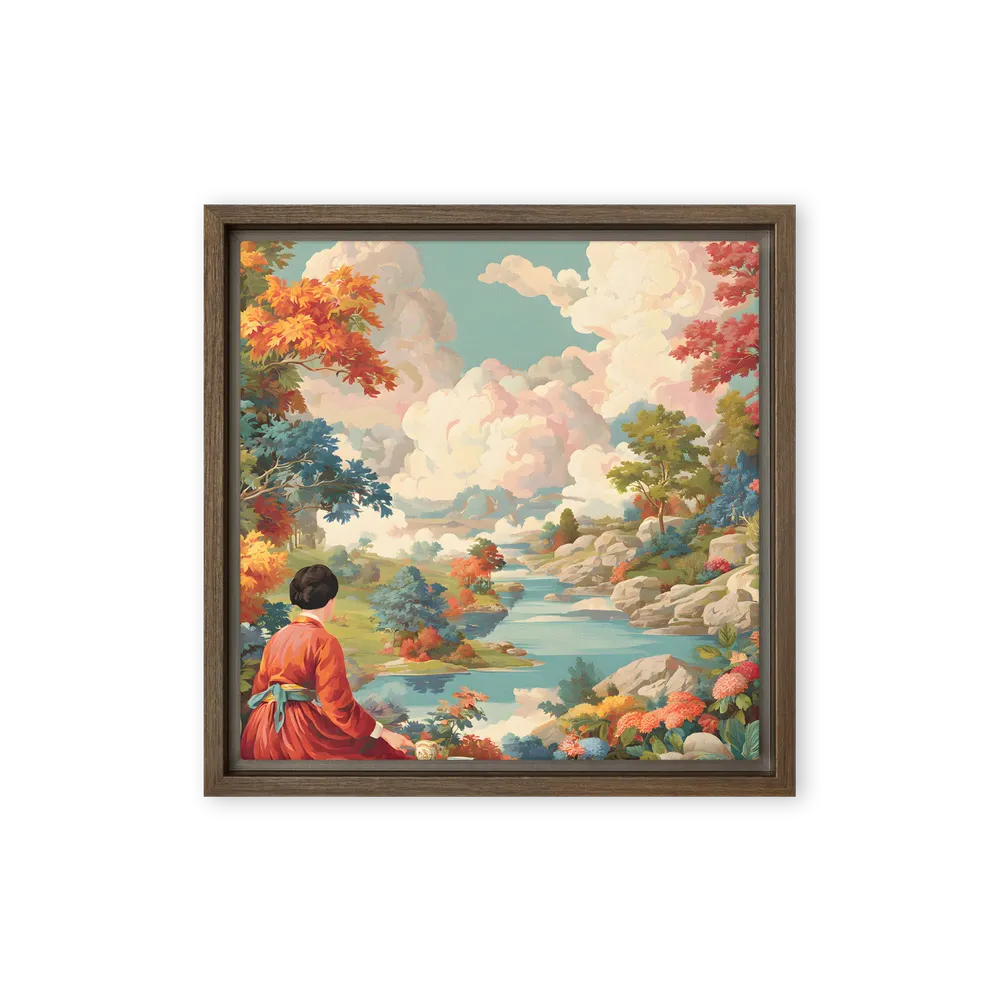 River Garden Reverie 
 Canvas with Brown Frame | 12″x 12″