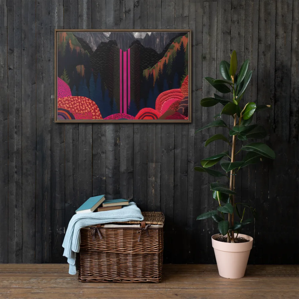 Ethereal Cascade: A Surreal Landscape | Canvas with Brown Frame | 24″×36″