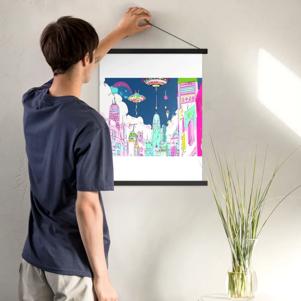 Futuristic Cityscape with Floating Structures | Poster With Black Wood Hanger | 18″×24″