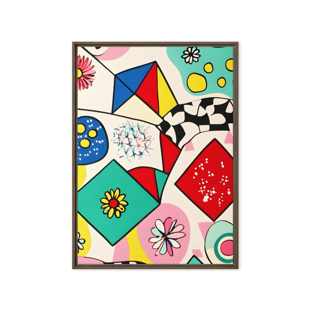 Joyful Geometry: A Playful Dance of Shapes and Colors | Canvas with Brown Frame | 20″×28″