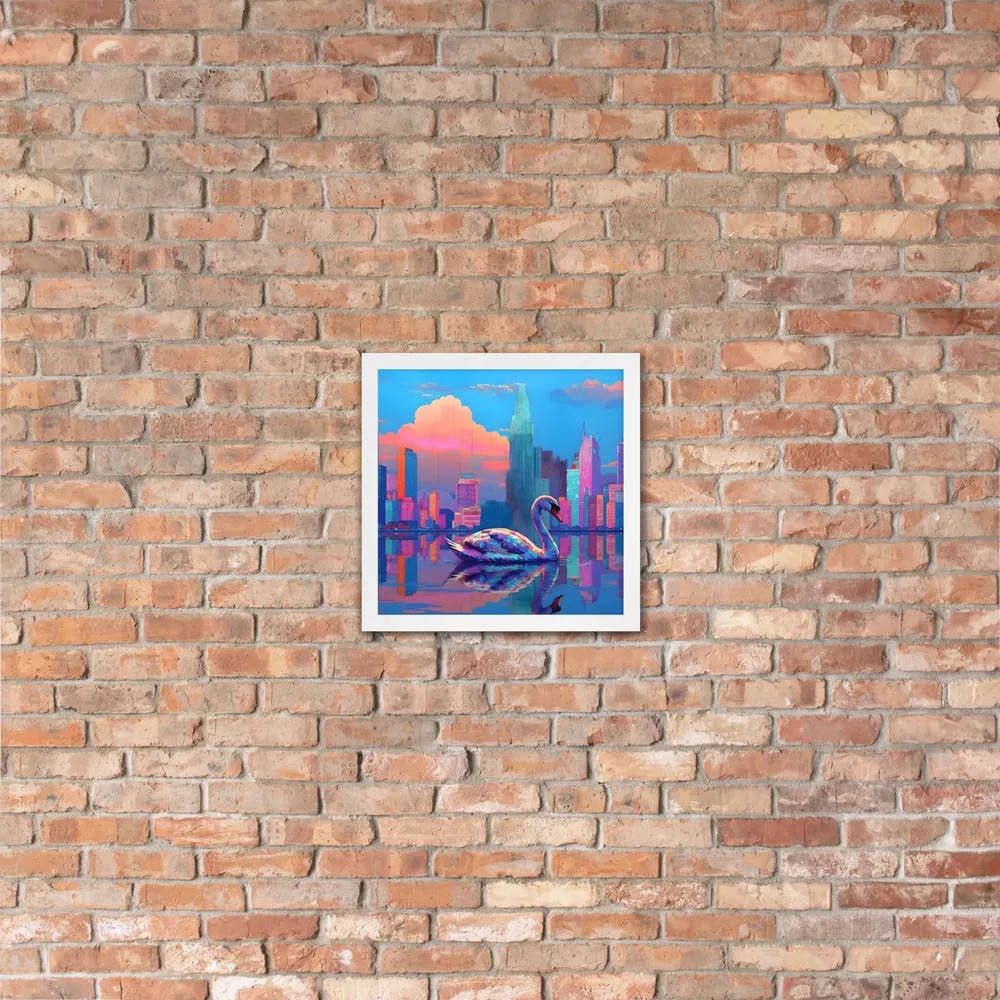 Neon Swan Skyline 
 Poster with White Frame | 14″x 14″