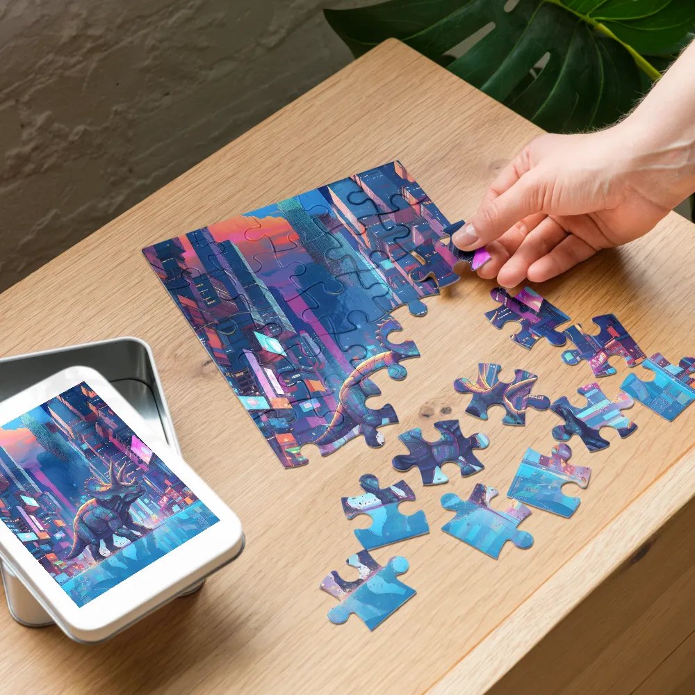 Neon City Triceratops 
 Jigsaw Puzzle in Tin Box