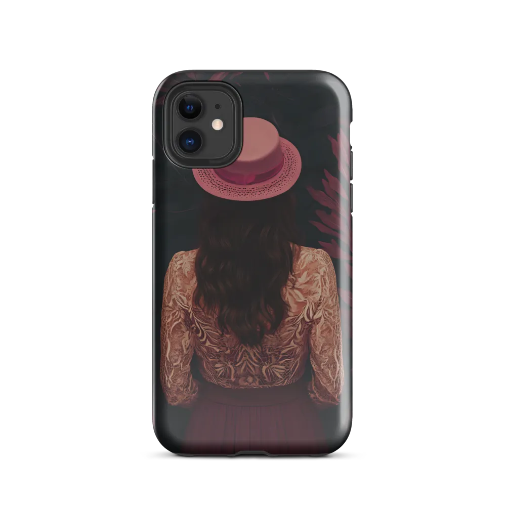 Woman with Pink Hat Among Burgundy Leaves