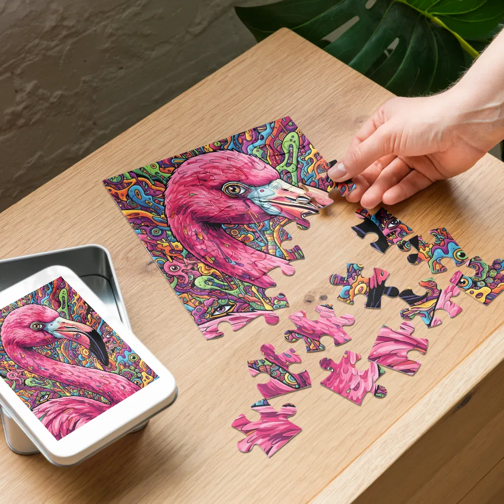 Psychedelic Flamingo 
 Jigsaw Puzzle in Tin Box