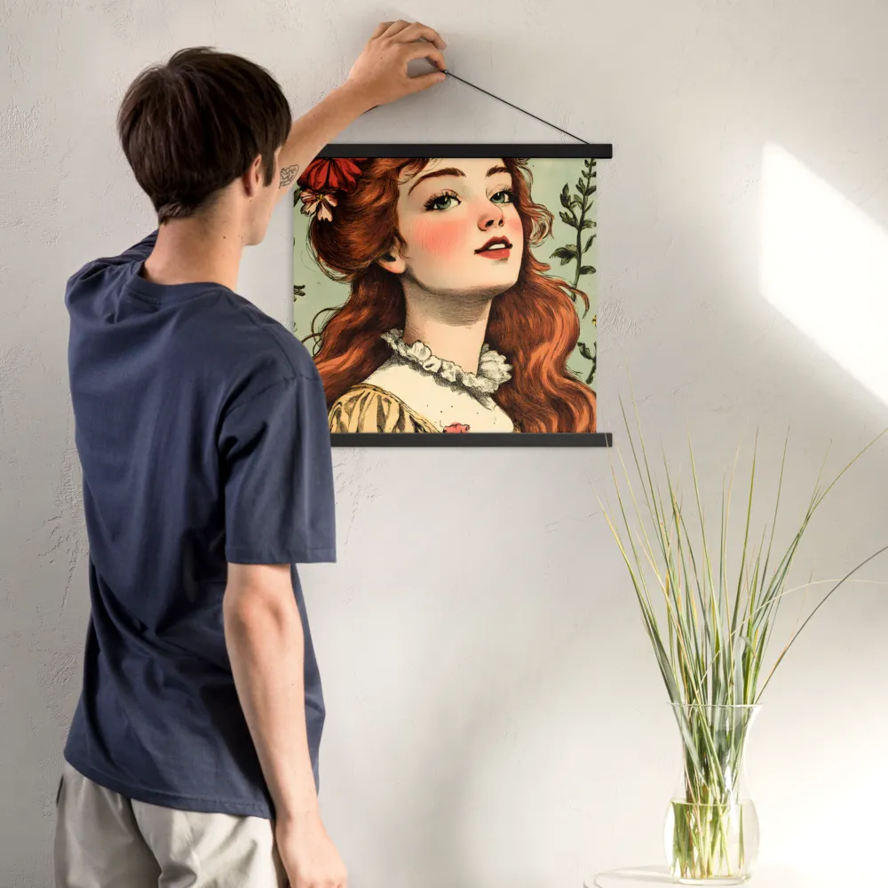 Whimsical Portrait of a Flower-Adorned Girl | Poster With Black Wood Hanger | 18″×18″