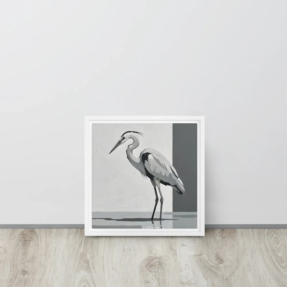 Grayscale Heron Study 
 Canvas with White Frame | 12″x 12″