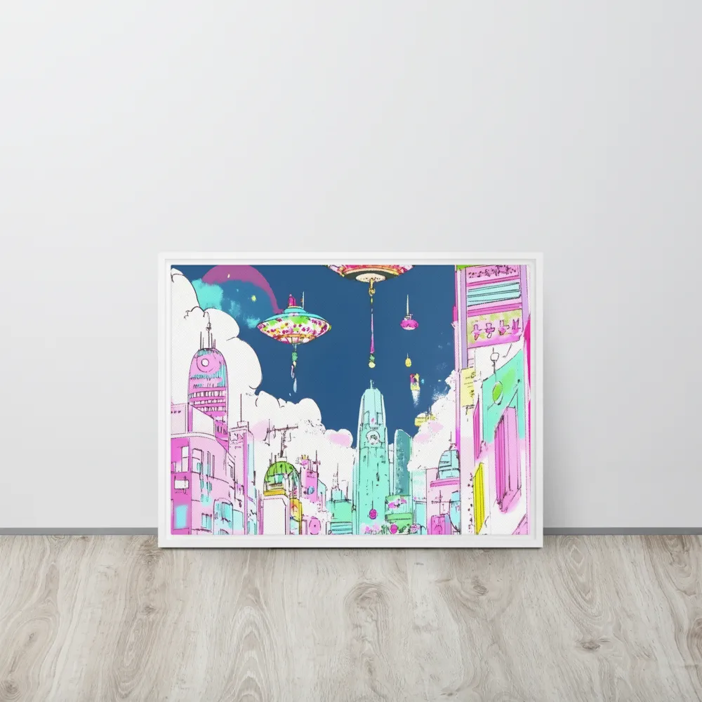 Futuristic Cityscape with Floating Structures | Canvas with White Frame | 18″×24″