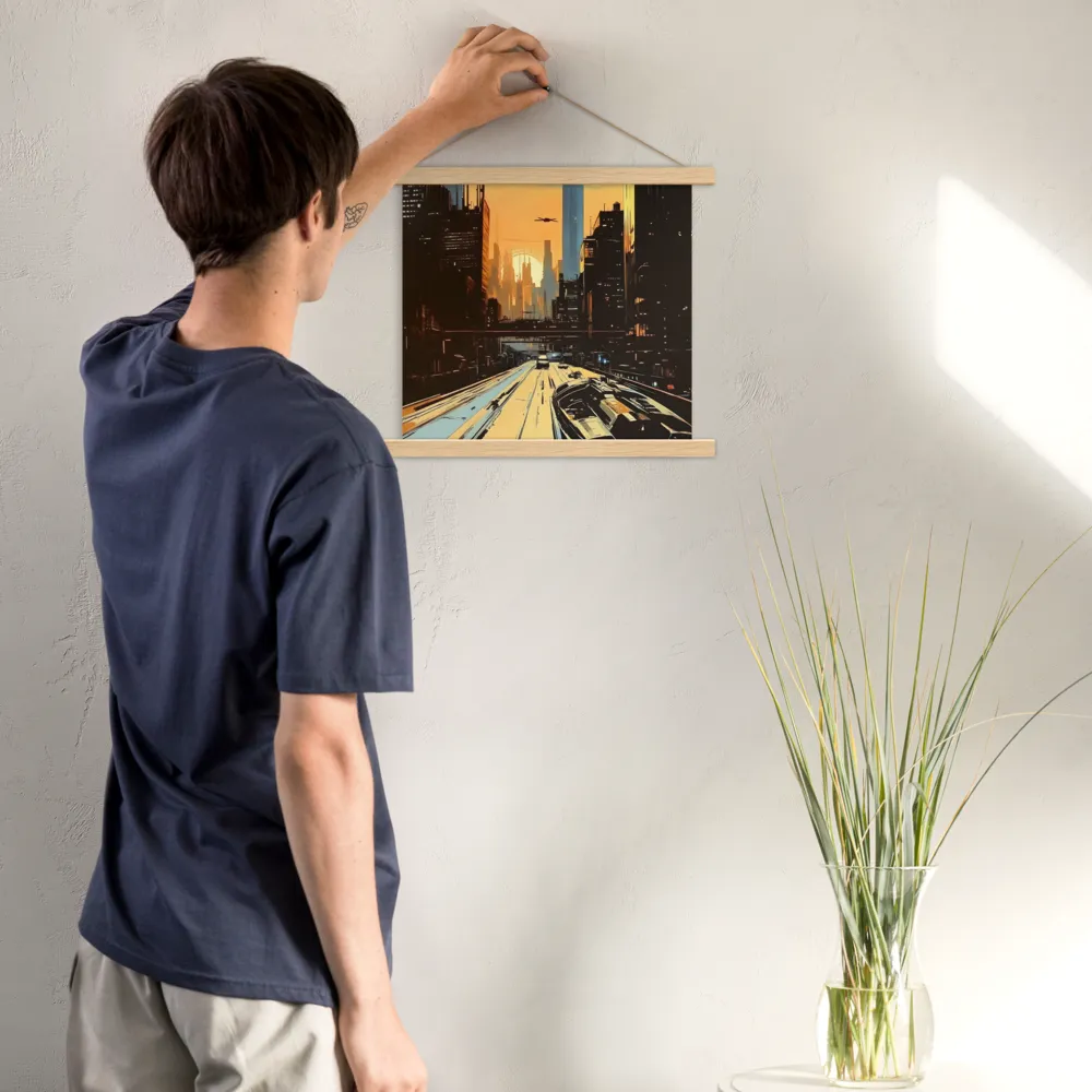 Metro Nexus: A Futuristic Cityscape | Poster With Oak Wood Hanger | 14″×14″