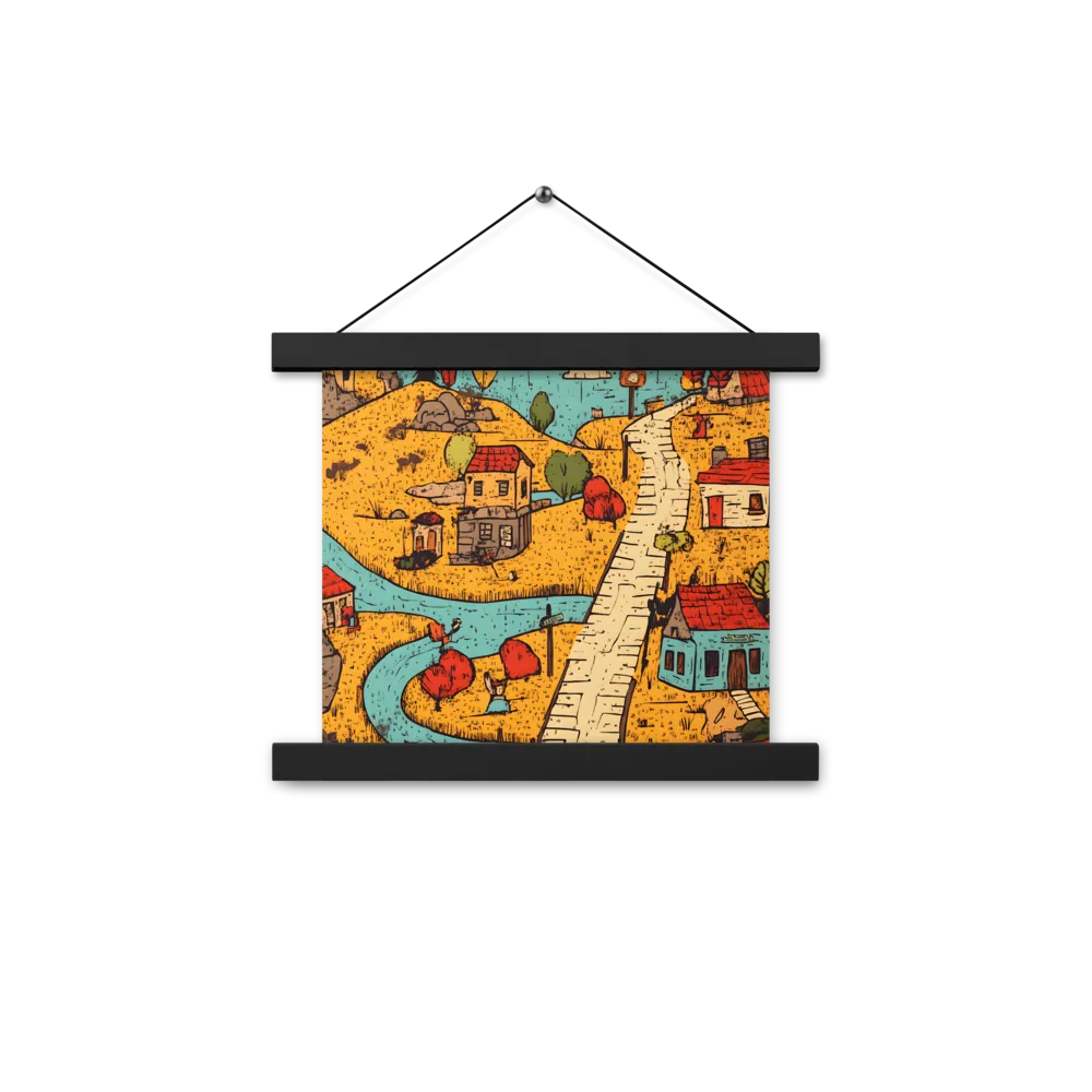 Whimsical Village Landscape | Poster With Black Wood Hanger | 10″×10″