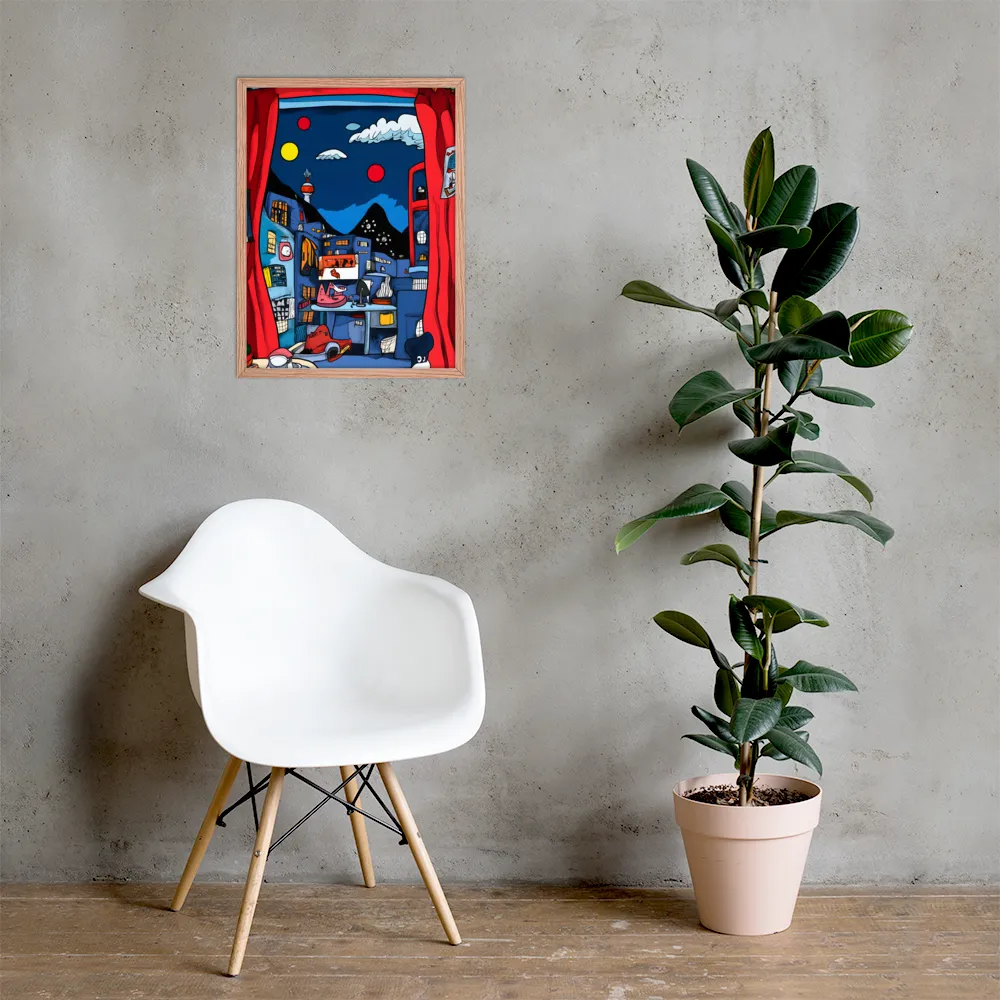 Whimsical Cityscape at Night | Poster with Red oak Frame | 18″×24″