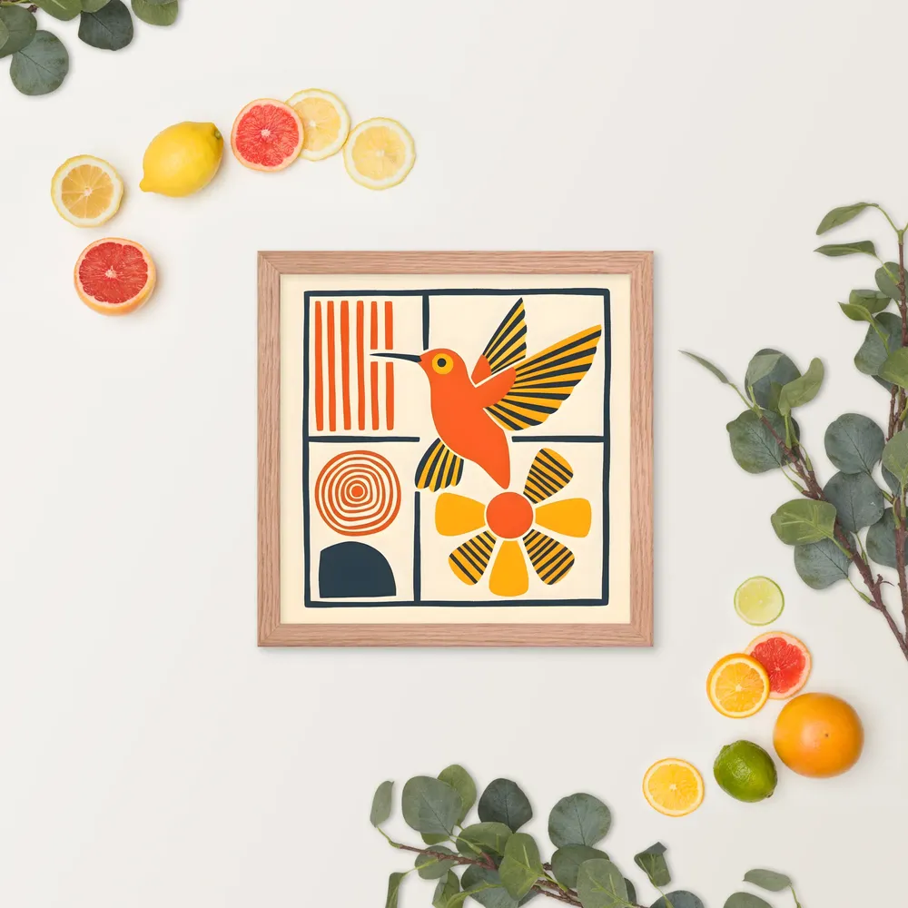 Hummingbird & Flower Panel 
 Poster with Red oak Frame | 14″x 14″