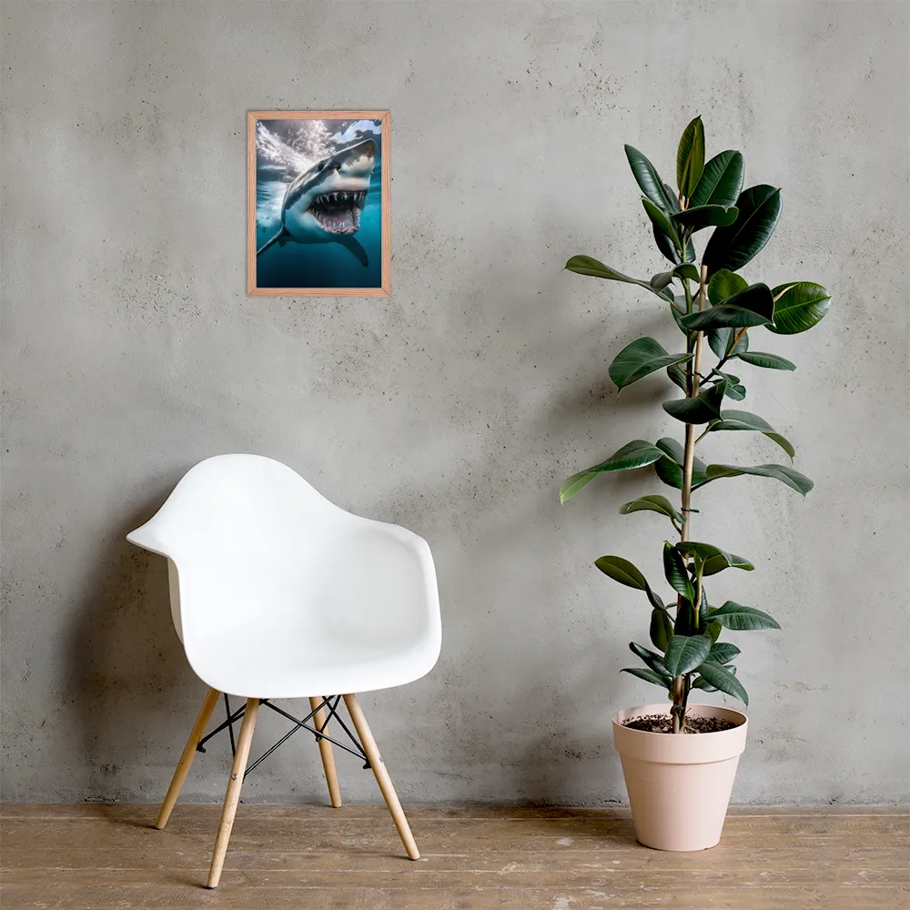Majesty of the Ocean: The Great White Shark | Poster with Red oak Frame | 12″×16″