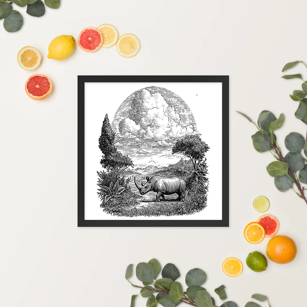 Rhinoceros Engraving 
 Poster with Black Frame | 16″x 16″