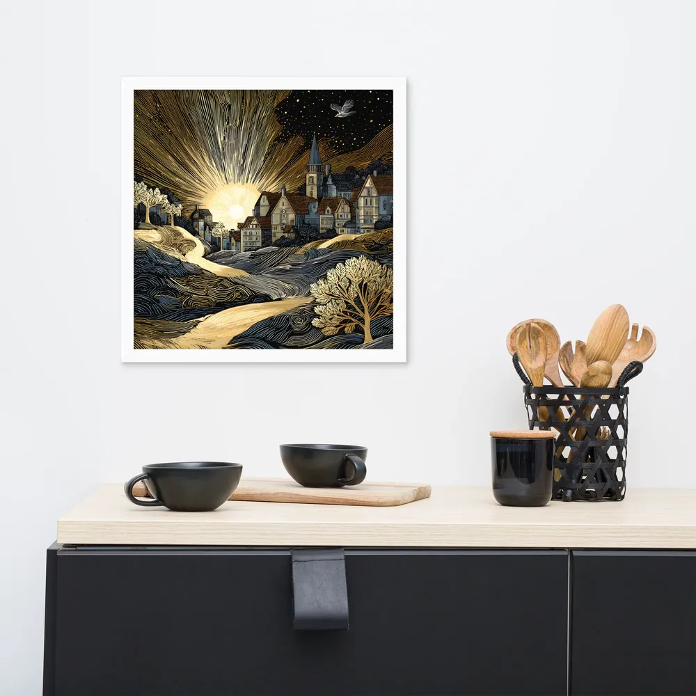 Golden Dawn Village 
 Poster with White Frame | 16″x 16″