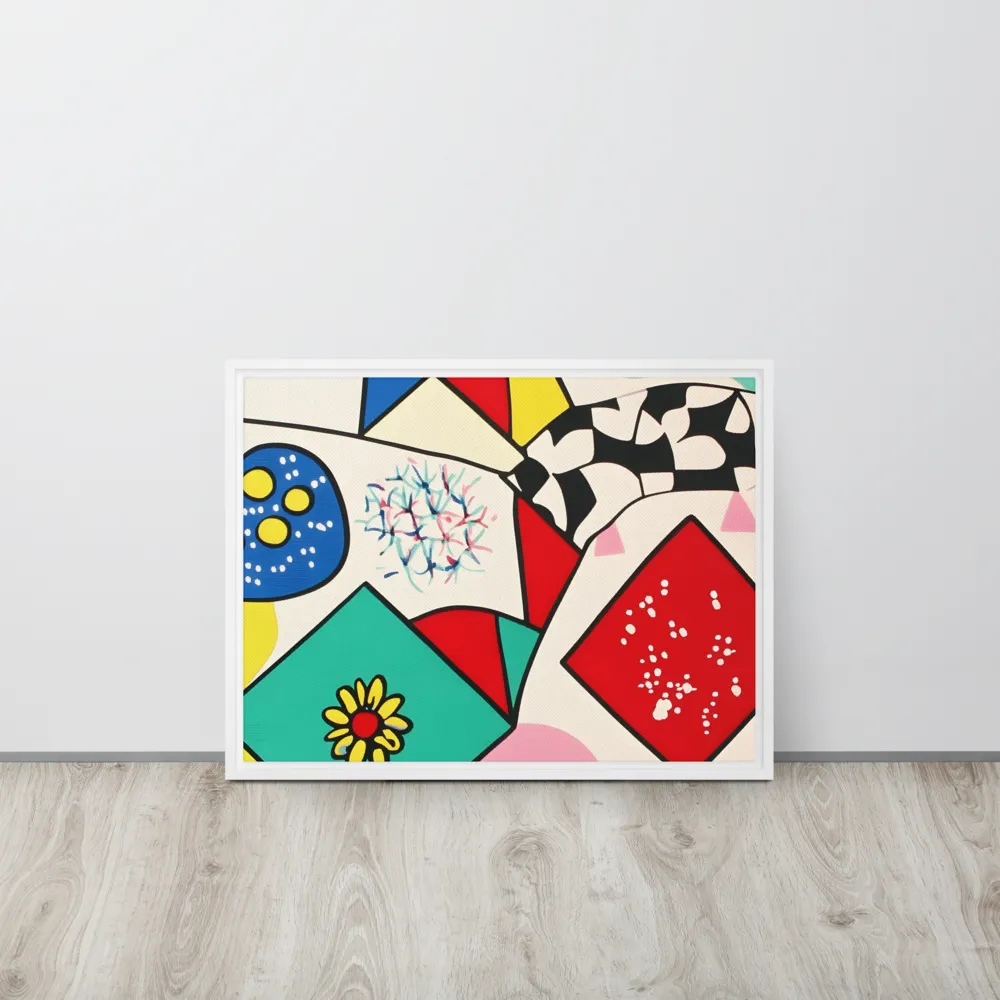 Joyful Geometry: A Playful Dance of Shapes and Colors | Canvas with White Frame | 18″×24″