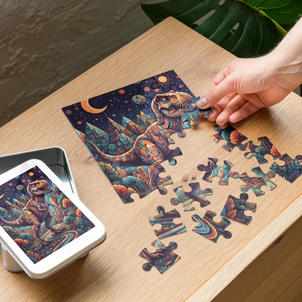 Mosaic T. rex 
 Jigsaw Puzzle in Tin Box