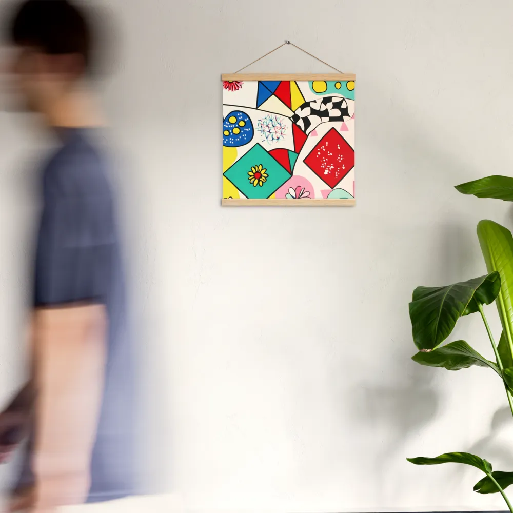 Joyful Geometry: A Playful Dance of Shapes and Colors | Poster With Oak Wood Hanger | 16″×16″