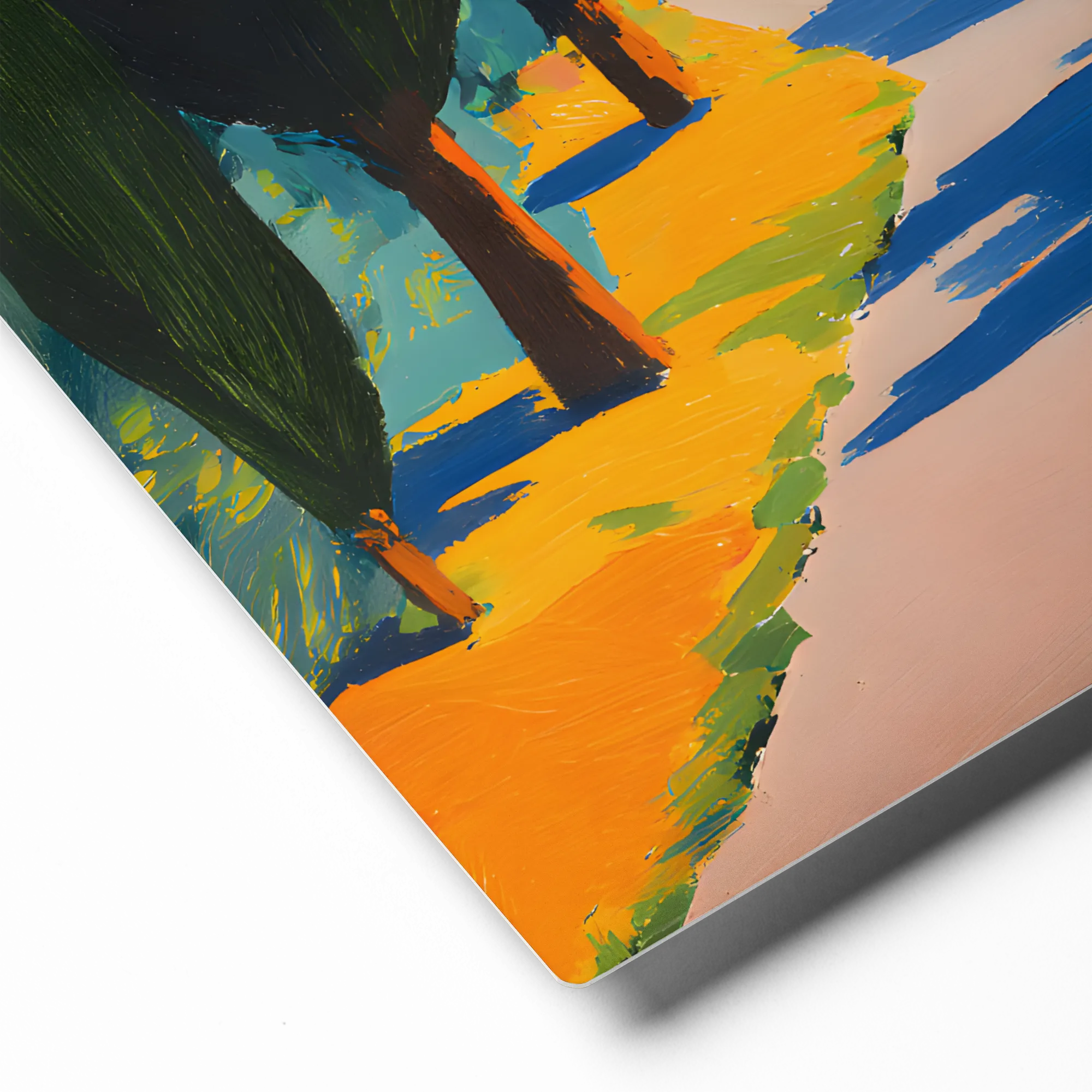 Sunlit Cypress Lane 
 Metal Print | 12″x 12″